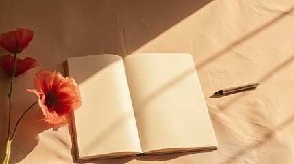 Poster - Blank notepad mockup red poppy abstract lifestyle sunlight shadows on beige background writer blog design