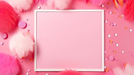 Aufkleber - Colorful papers on a pink background frame a card for an invitation to a holiday party . Mockup image