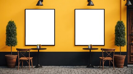 Fototapete - Two restaurant signboards on yellow wall. Mockup image