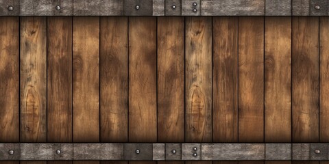 Seamless wooden beer or whiskey barrel with metal straps background texture. Tileable wine cask pattern with rustic oak wood planks and rusted iron trim. Vintage winery concept backdrop, Generative AI