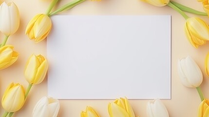 Fototapete - Abstract floral background with colorful bouquet of yellow tulip flowers and delicate aesthetic botany template. Mockup image