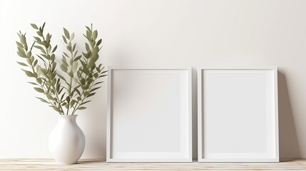 Mockup of three frames with blank squares for artwork or print on white or gray wall with eucalyptus green plants in vase with room to write