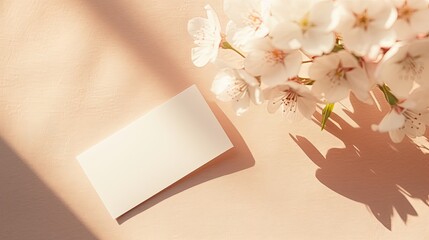 Poster - Minimal business brand template with blank paper business card and white small flowers on beige pastel background. Mockup image