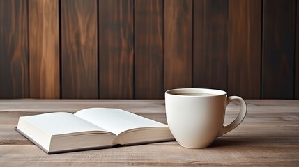 Poster - Responsive design template with vintage wood background featuring a blank book and coffee cup in a flat lay. Mockup image