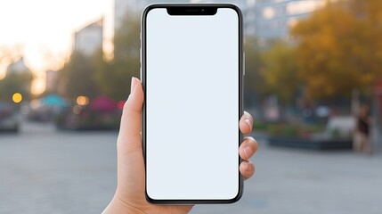 Aufkleber - Hand holding a cell phone with a blank screen for texting outdoors representing business contact communication and technology. Mockup image