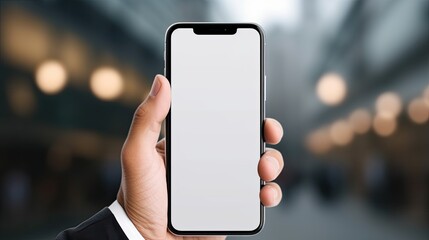 Aufkleber - A businessman holding a blank smartphone screen in a close up with a blurred background. Mockup image