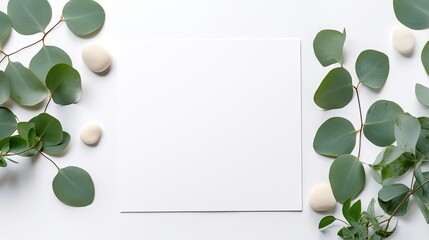Poster - Minimal boho style card with blank space on eucalyptus leaves top view Ideal for business social media and blogs. Mockup image