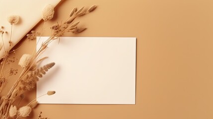 Sticker - Business brand template with blank paper dry flower buds and shadow on beige background. Mockup image