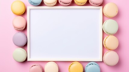 Aufkleber - Colorful macaroons on a pink background in a square frame mockup with space for an invitation card for a holiday anniversary or birthday party