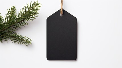 Leinwandbilder - Blank black paper label made from recycled kraft paper hanging on white table background representing the concept of recycling. Mockup image