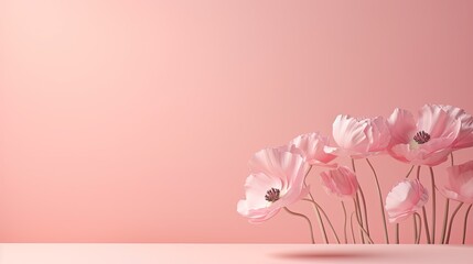 Poster - Minimal business brand template with a poppy flower bud on a pink background and aesthetic sunlit shadows . Mockup image