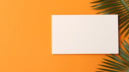 Poster - Blank mock up paper with dried palm leaf on orange background . Mockup image