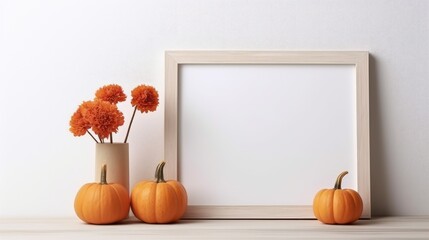 Sticker - Scandinavian style wooden frame with ripe pumpkins and Halloween decor . Mockup image