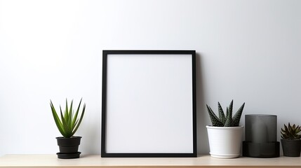 Canvas Print - Succulent plant industrial lamp and black frame on shelf desk White surroundings Portrait frame orientation . Mockup image