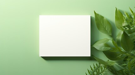 Poster - Top view of a blank card mockup on a green background with sunlight and shadow Neutral colored minimal business brand template