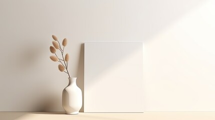 Poster - Empty card stock with placeholder text and vase with light shadow on white backdrop Simple corporate design template Overhead view. Mockup image