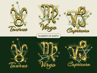 Wall Mural - Set with golden icons of zodiac sign Taurus, Virgo, Capricorn with constellation with stars, text, triangle as alchemical symbol for earth element. Horoscope esoteric elements. Vintage style.