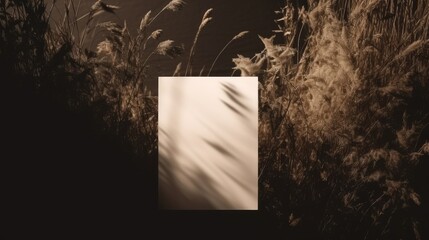 Canvas Print - Mock up paper card with dried grass stalks on dark background and soft sunlight shadow silhouette . Mockup image