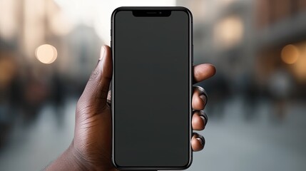 Wall Mural - African American man holding a new black smartphone with a blank screen Blank copy space for text . Mockup image