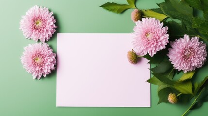 Canvas Print - Flower themed greeting card template with blank paper on green table . Mockup image