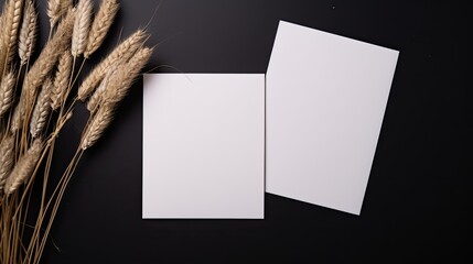 Sticker - Minimalistic brand template with blank cards dry grass on dark background. Mockup image