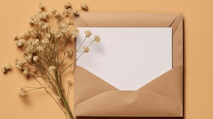 Wall Mural - Mockup of an invitation or greeting card showcasing a craft paper envelope eucalyptus and gypsophila twigs The card features copy space and a beige background