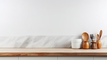 Aufkleber - A modern kitchen backdrop with utensils on white counter and space for text. Mockup image