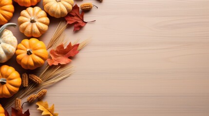 Poster - Miniature pumpkins and dried grass in autumnal or holiday themed arrangement Blank space for text Overhead view . Mockup image