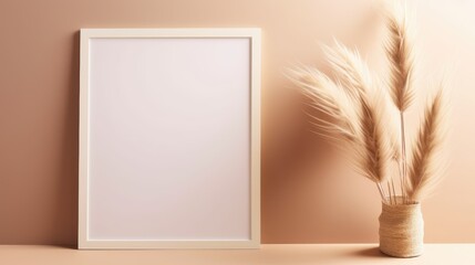 Leinwandbilder - Top view flat lay mockup with blank photo frame dried pampas grass and pastel background for logo or text placement