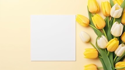 Fototapete - Abstract floral background with colorful bouquet of yellow tulip flowers and delicate aesthetic botany template . Mockup image