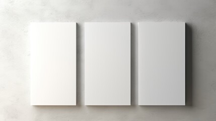 Three vertical white rectangle poster mockups with soft shadows on a light grey concrete wall background