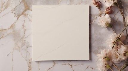 Poster - Blank paper sheet card with copy space dry flowers marble stone on neutral wall Minimal aesthetic template background for business brand blog and social media. Mockup image