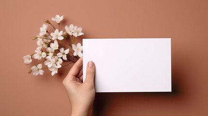 Poster - Person holding blank card and envelope with flowers on beige background elegant template for invitation greeting or business card with space for text. Mockup image