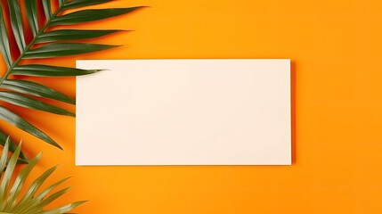Poster - Blank mock up paper with dried palm leaf on orange background. Mockup image