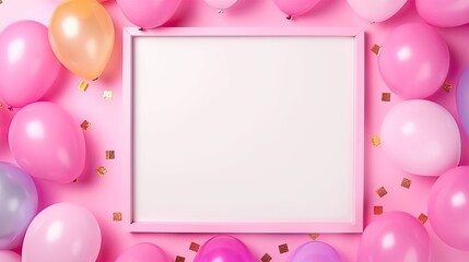 Aufkleber - Colorful papers on a pink background with copy space and a frame for invitations and celebrations . Mockup image