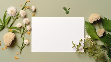 Sticker - Mockup of a white card envelope and dried flowers on a green background