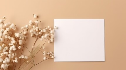 Poster - Mockup of a wedding invitation card featuring eucalyptus and gypsophila Card is blank and displayed on a beige background