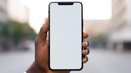 Aufkleber - African American man holding a new black smartphone with a blank screen Blank copy space for text. Mockup image