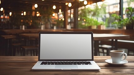 Aufkleber - Hand holding laptop with blank screen on wooden table in cafe. Mockup image