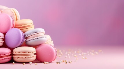 Wall Mural - Colorful macaroons on a beige background with space for text used for invitations and celebrations. Mockup image