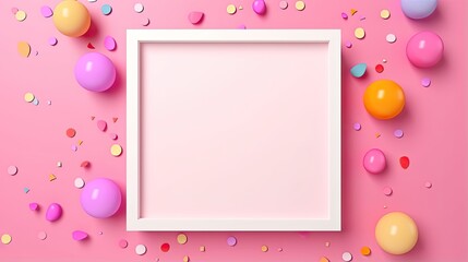 Wall Mural - Square card mockup for holiday anniversary or birthday party invitation featuring colorful papers on a pink background