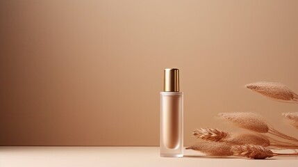 Poster - Brown cosmetic bottle and golden cream tube on neutral background Skin care concept Mockup copy space