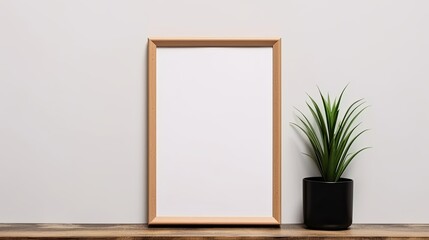 Sticker - Large 50x70 wooden frame mockup on white wall Minimalistic clean design Show text or product