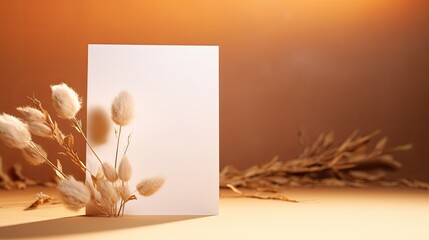 Sticker - Background with blank mockup copy space and dried flower grass on tan paper card illuminated by soft sunlight with shadow silhouette