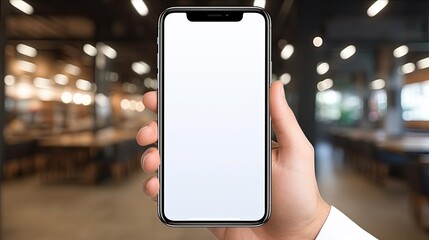 Aufkleber - A businessman holding a blank smartphone screen in a close up with a blurred background. Mockup image