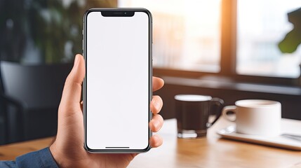 Poster - Cell phone with blank screen held by man at home office. Mockup image