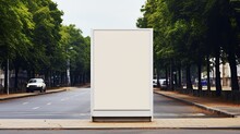 Empty Street With Blank White Billboard Mockup At Bus Stop