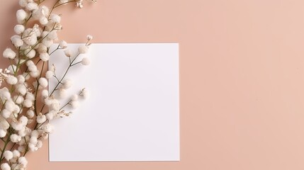 Poster - Blank wedding invitation card mockup with eucalyptus and gypsophila twigs on beige background