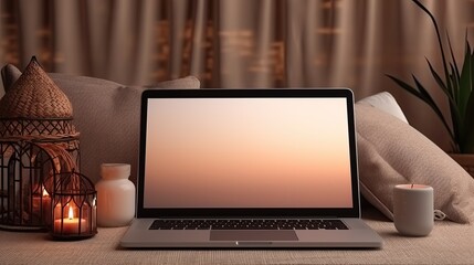 Poster - Aesthetic boho styled home interior design template featuring a laptop computer on a table illuminated by candles and a floor lamp Includes mockup copy space and