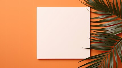 Poster - Minimal brand template with dried palm leaf on orange background featuring blank paper cards for mockup Flat lay top view